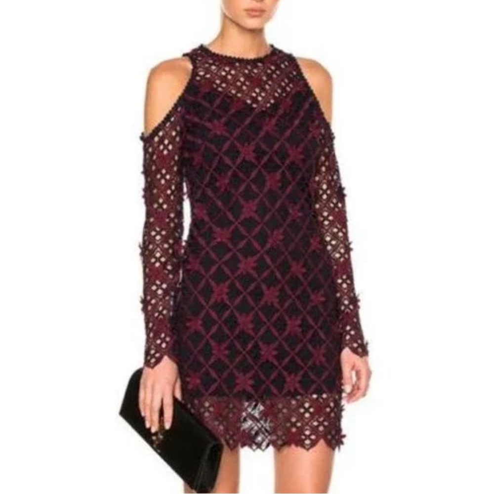 NWOT | Self Portrait Grid Cold Shoulder Long Sleeve Lace Mini Dress (Vintage) 🔥